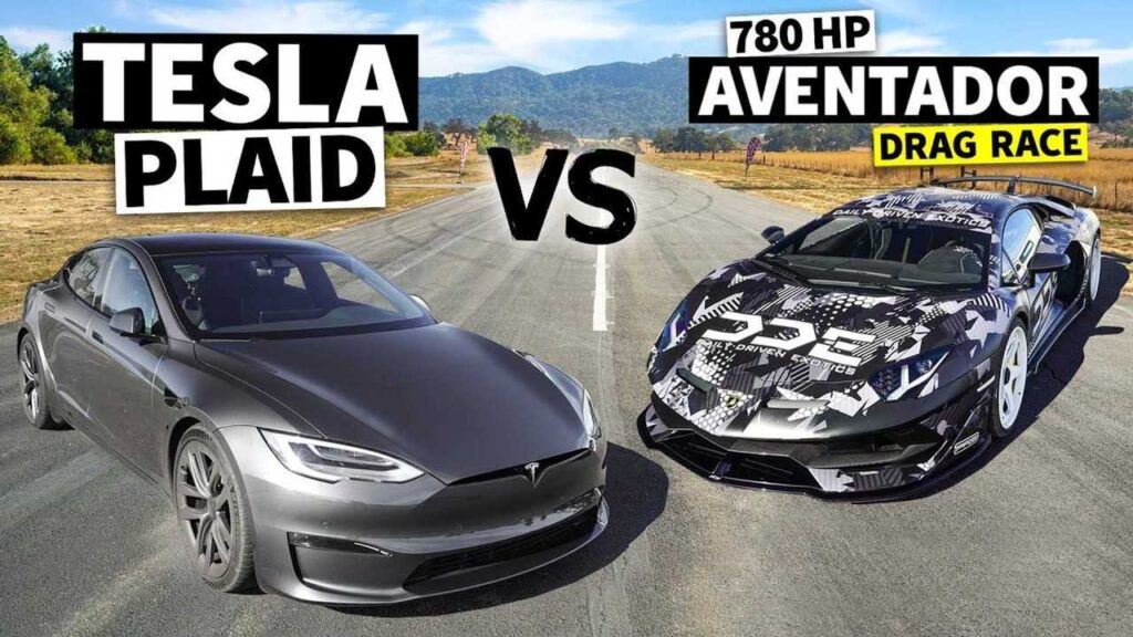 Head-to-head race between Tesla Model S Performance vs Lamborghini Aventador on a track