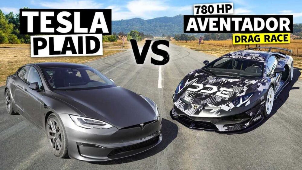 Head-to-head race between Tesla Model S Performance vs Lamborghini Aventador on a track